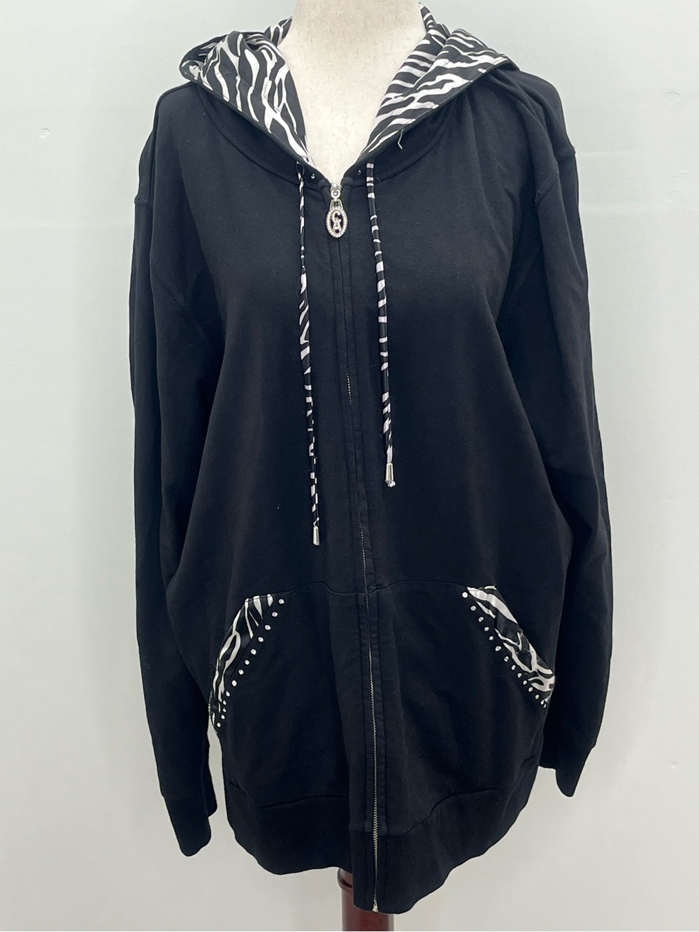 Christine Alexander Rhinestone Bling Zebra Print Y2K Black Zip Up Hoodie Size XL